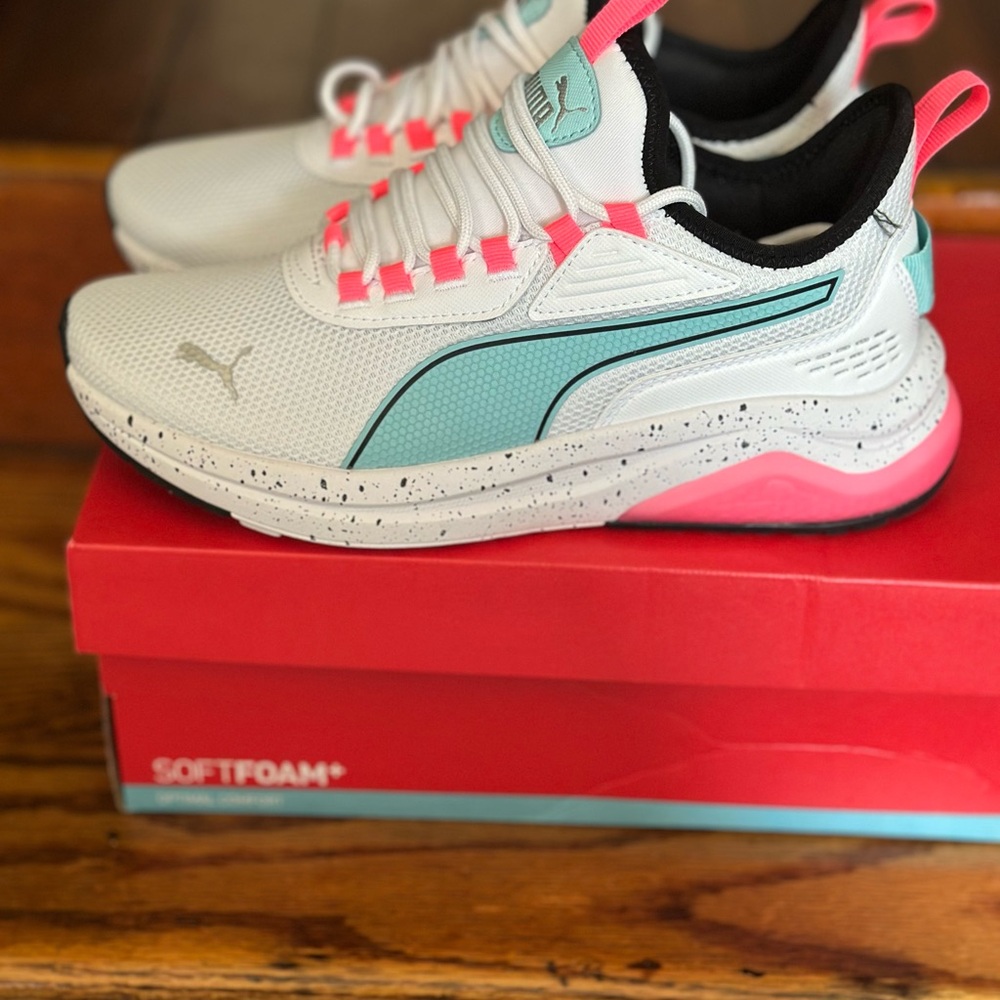 Puma White Sneakers with Pink and Teal Accents